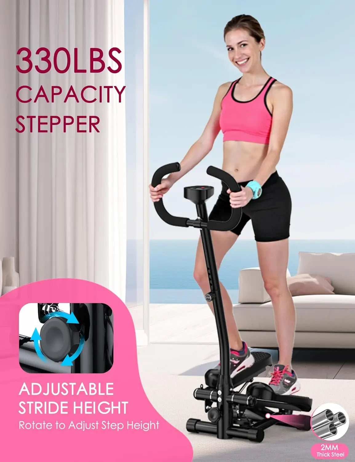 Multi-Functional Adjustable Stepper Stair Climber Machine Aerobic Mini Stepper with Resistance Bands and Floor Mat