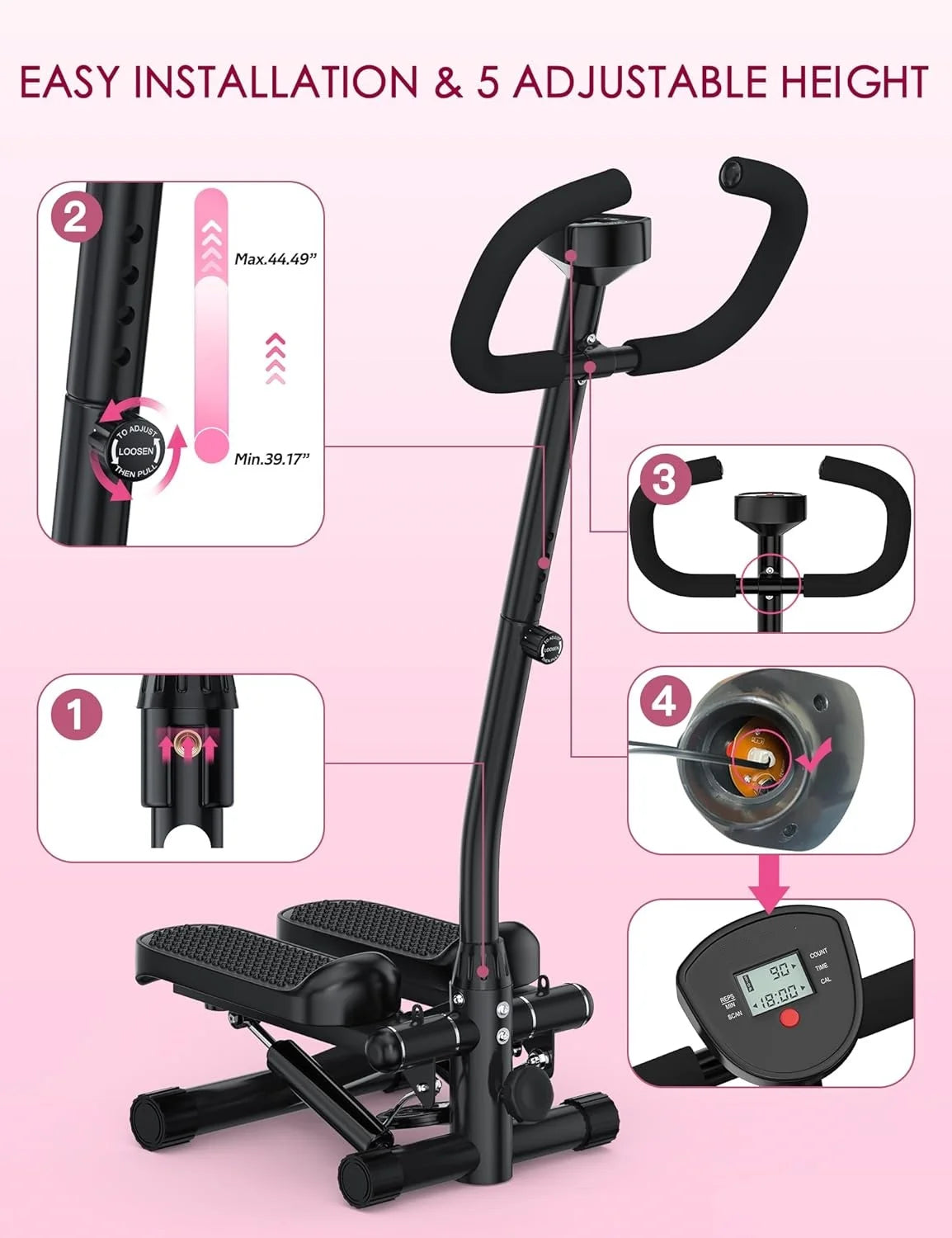 Multi-Functional Adjustable Stepper Stair Climber Machine Aerobic Mini Stepper with Resistance Bands and Floor Mat